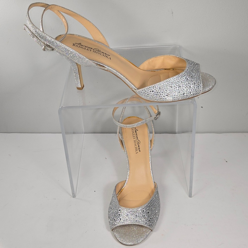 American Glamour Badgley Mischka Silver Rhinestone Kitten Heels Slingback 9.5